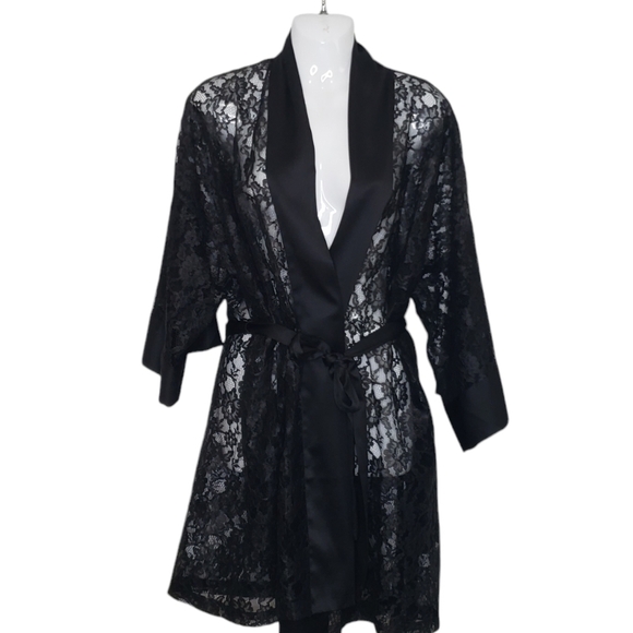 Vintage Victoria's Secret Lace Robe Satin Trim O/S Black Self Tie Belt Women's - Picture 15 of 15